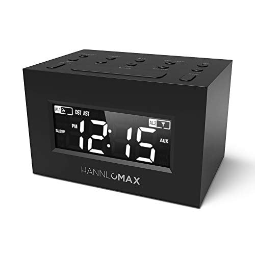 HANNLOMAX HX-111CR Radio despertador, radio PLL AM/FM, alarma dual, pantalla LED blanca, horario de verano automático, conector auxiliar. (Negro)