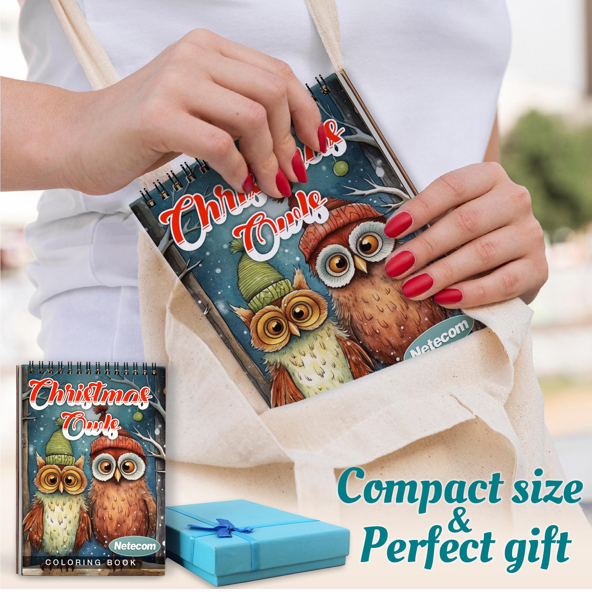 Netecom Christmas Owls Coloring Book Spiral Bound for Adults, A5 Wooden Cover, 30 Charming Coloring Pages of Playful Owls in Holiday Winter Scenes for Stress Relief and Relaxation