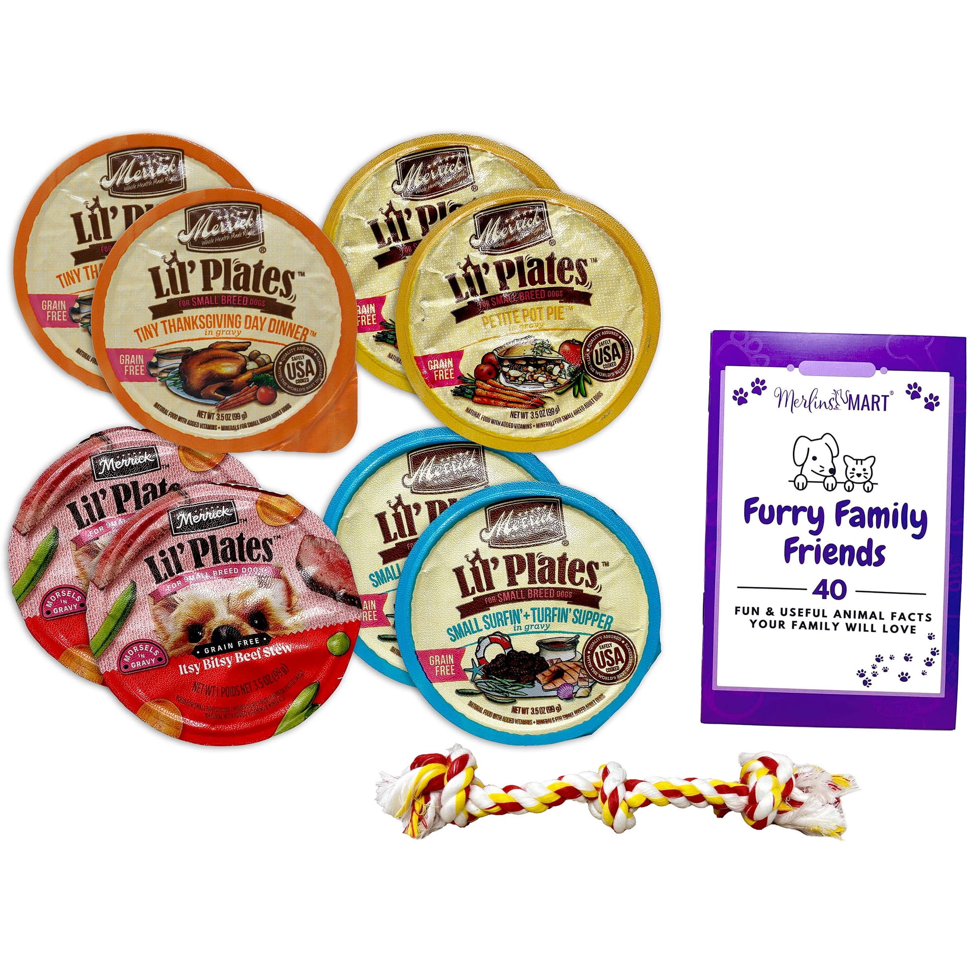Merrick Lil Plates Grain-Free Small Breed Wet Dog Food Variety 8-Pack with Rope Toy, MerlinsMart Zine
