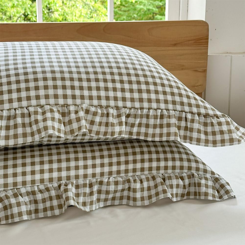 Tan Gingham Ruffle Duvet Cover Queen Size, 3 Pieces Taupe Soft Pre-Washed Microfiber Checked Plaid Comforter Cover Set, Vintage Farmhouse Bedding Set(Tan Gingham, Queen 90"x90")