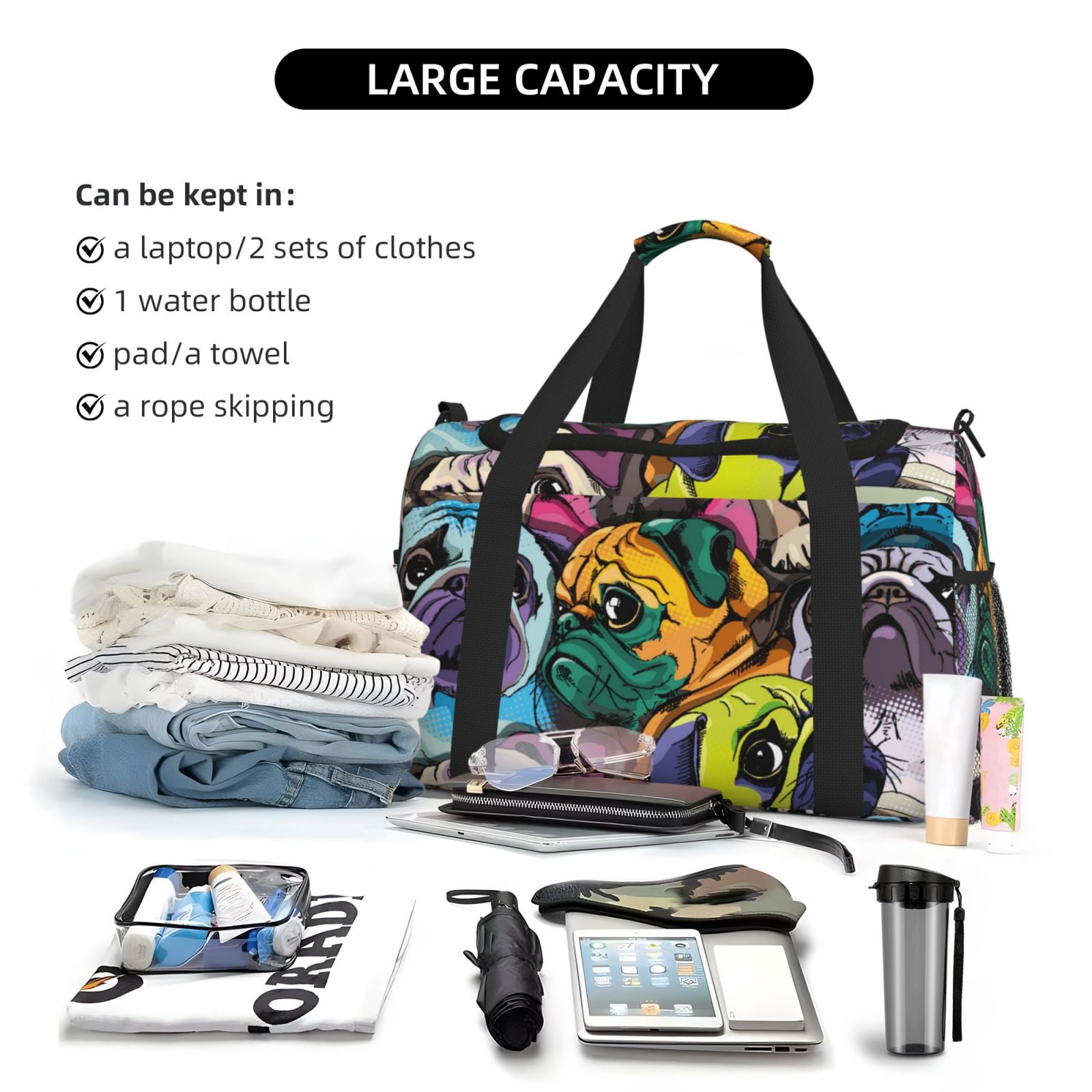 Ratiio Colorful Pug Pattern Hand Travel Bag, Weekender Carry On for Women Men, Sports Gym Bag, Workout Duffel Bag, Overnight Shoulder Bag fit 15.6 Inch Laptop