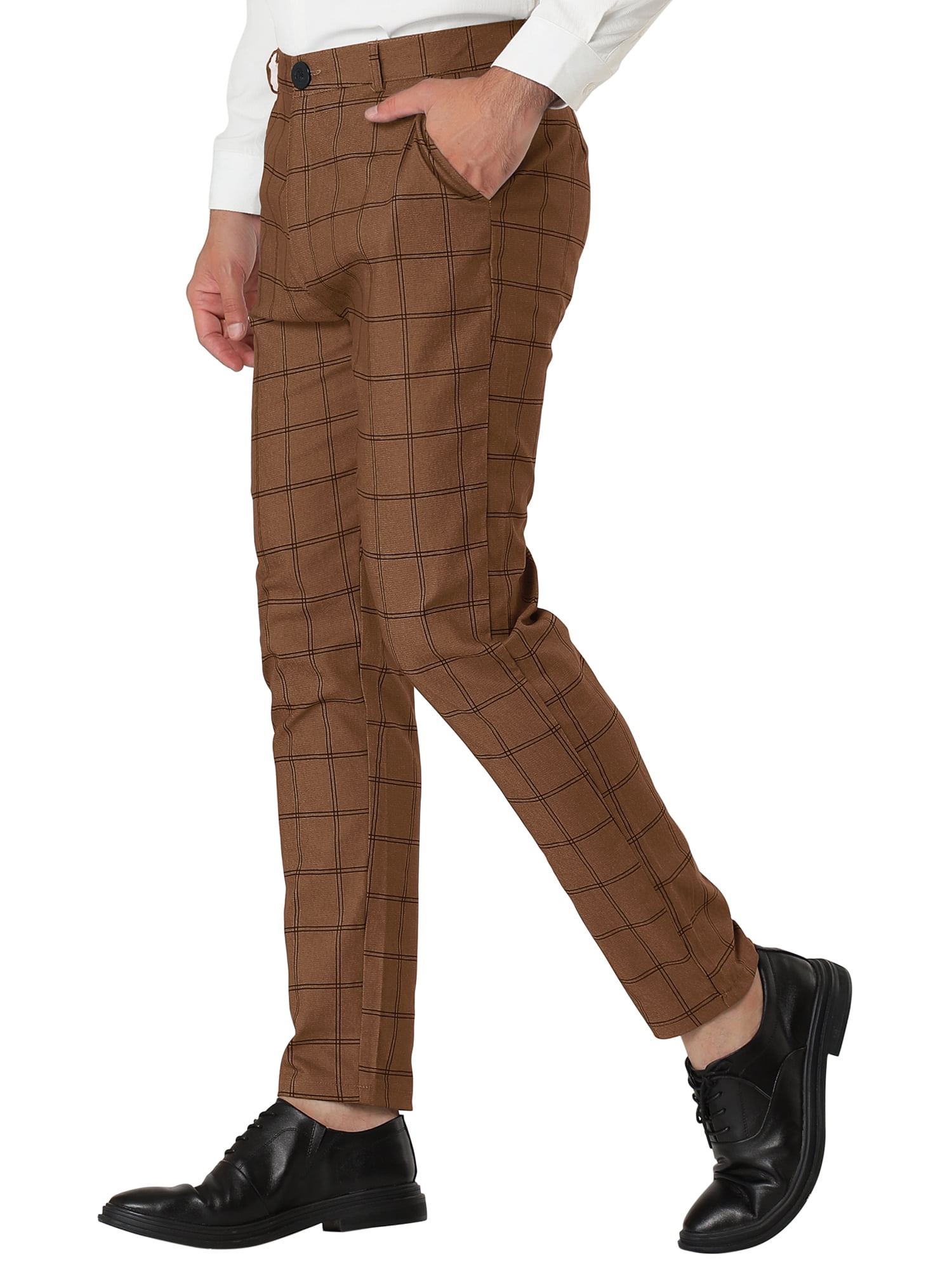 Unique Bargains Men's Slim Fit Plaid Business Pants Trousers with Pockets 38 Dark Brown