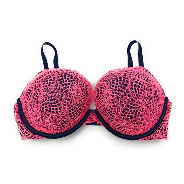 Victoria's Secret Bombshell Add 2 Cup Push-Up Bra Navy Pink Crochet Lace 38C