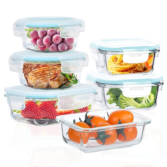 Recipientes herméticos de vidrio para almacenar alimentos ROSOS, paquete de 6, azules