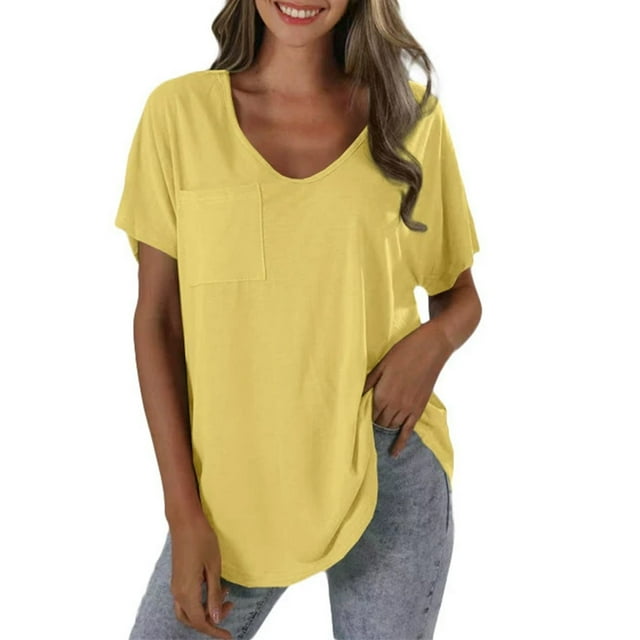 Yubnlvae T-Shirt Décontracté à Poche à Manches Courtes pour Femmes, T-Shirt Décontracté à la Mode pour Femmes Uni avec Poche, Liquidation! Uni, Col Rond, Jaune, G