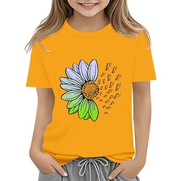 CPNG Girls Sunflower Shirts Cute Summer Round Neck T-Shirt Floral Graphic Short Sleeve Tees Tops Casual Clothes(Yellow,3-4 Years)