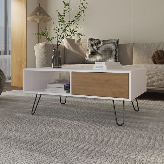 Izzovium Modern Coffee Table, 39.6x23.6in with Hairpin Legs & Storage Drawer, White Oak