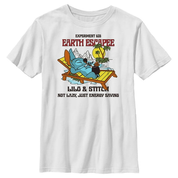Boy's Lilo & Stitch Experiment 626 Earth Escape Not Lazy, Just Energy Saving Graphic Tee White Large