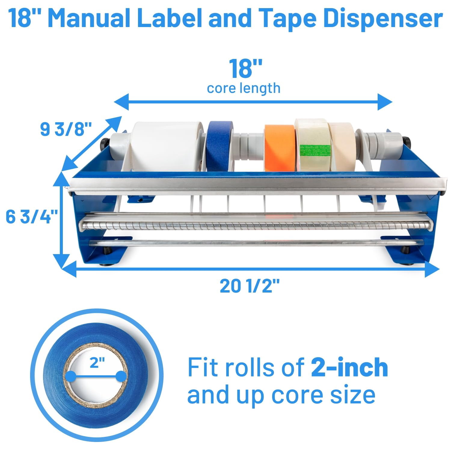 IDL Packaging 18" Manual Label and Tape Dispenser, 2" and Up Core Size, Adjustable Roll Width - Tabletop & Wall-Mounted Multi Roll Holder