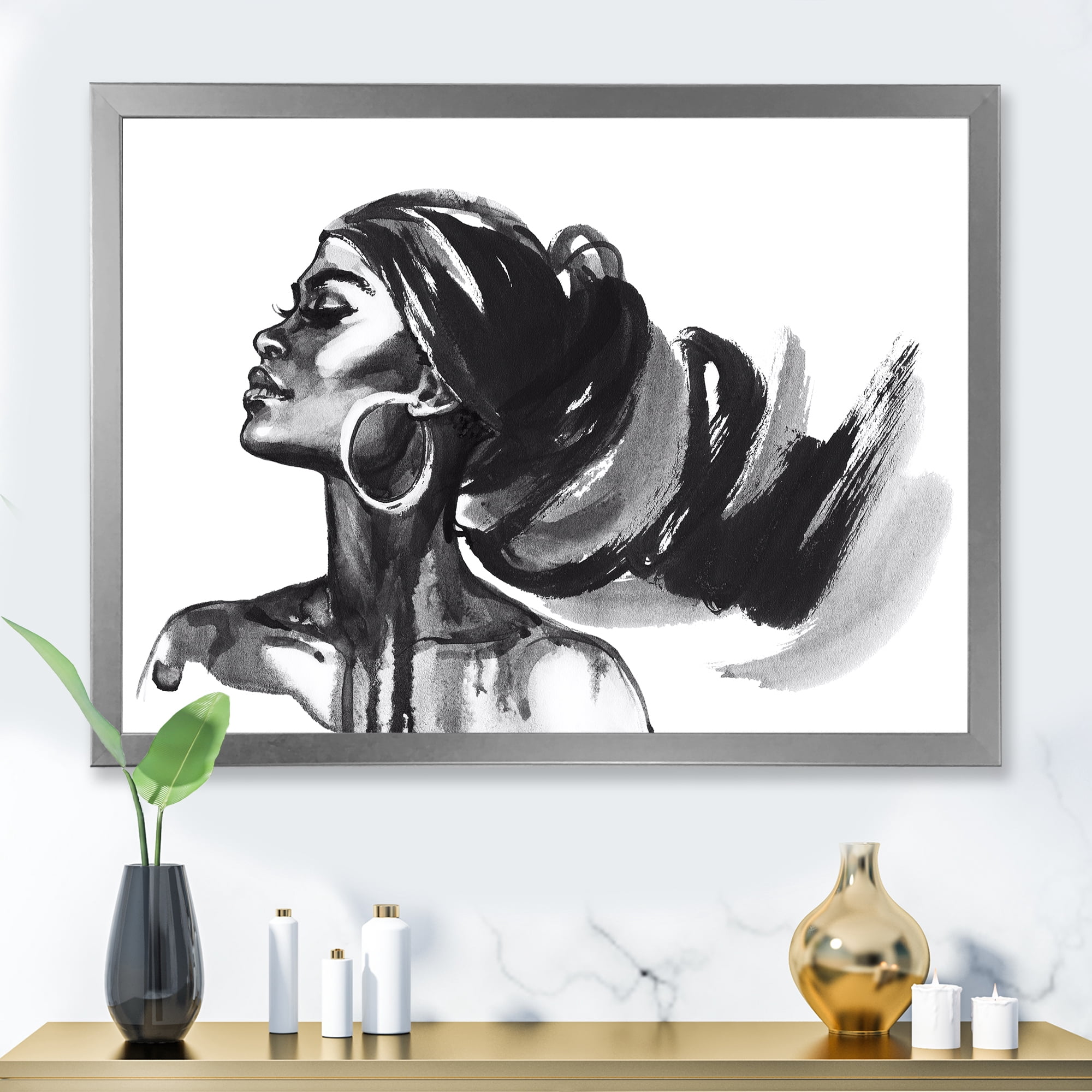 Designart 'Black and White Portrait of African American Woman IV' Modern Framed Art Print