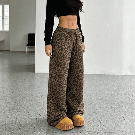 Morttic Women's Leopard Print High Waist Drawstring Casual Long Pants – Side Pockets Fashionable Summer Trousers Deep Leopard Print,S