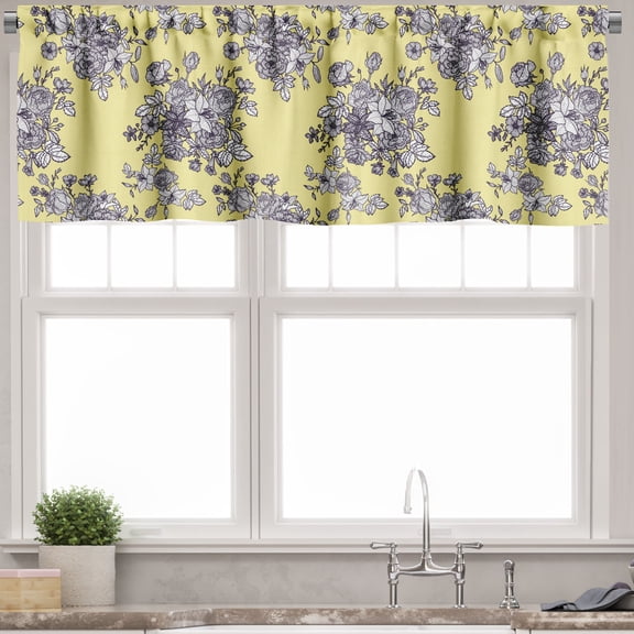 Ambesonne Floral Valance Pack of 2, Classic Retro Bouquets Buds, 54"X18", Pale Yellow and Dark Purple
