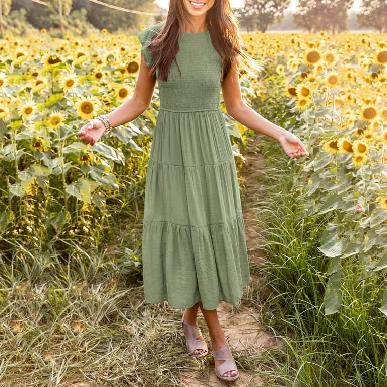 IDALL Summer Dresses Petite Dresses Women Summer Casual Midi Maxi Dress Boho Sleeveless Smocked A Line Long Dress Elegant Dresses Modest Dresses Womens Dresses Green Dress S Walmart