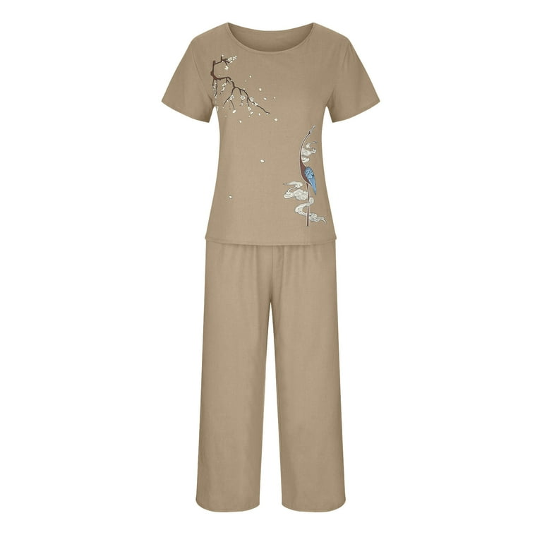 Womens Summer Pajamas Sets Ladies Cotton Linen Short Sleeves Printed Blouse Seventh Pants Two Piece Suit Night Dress for Women Sleepwear Beige S