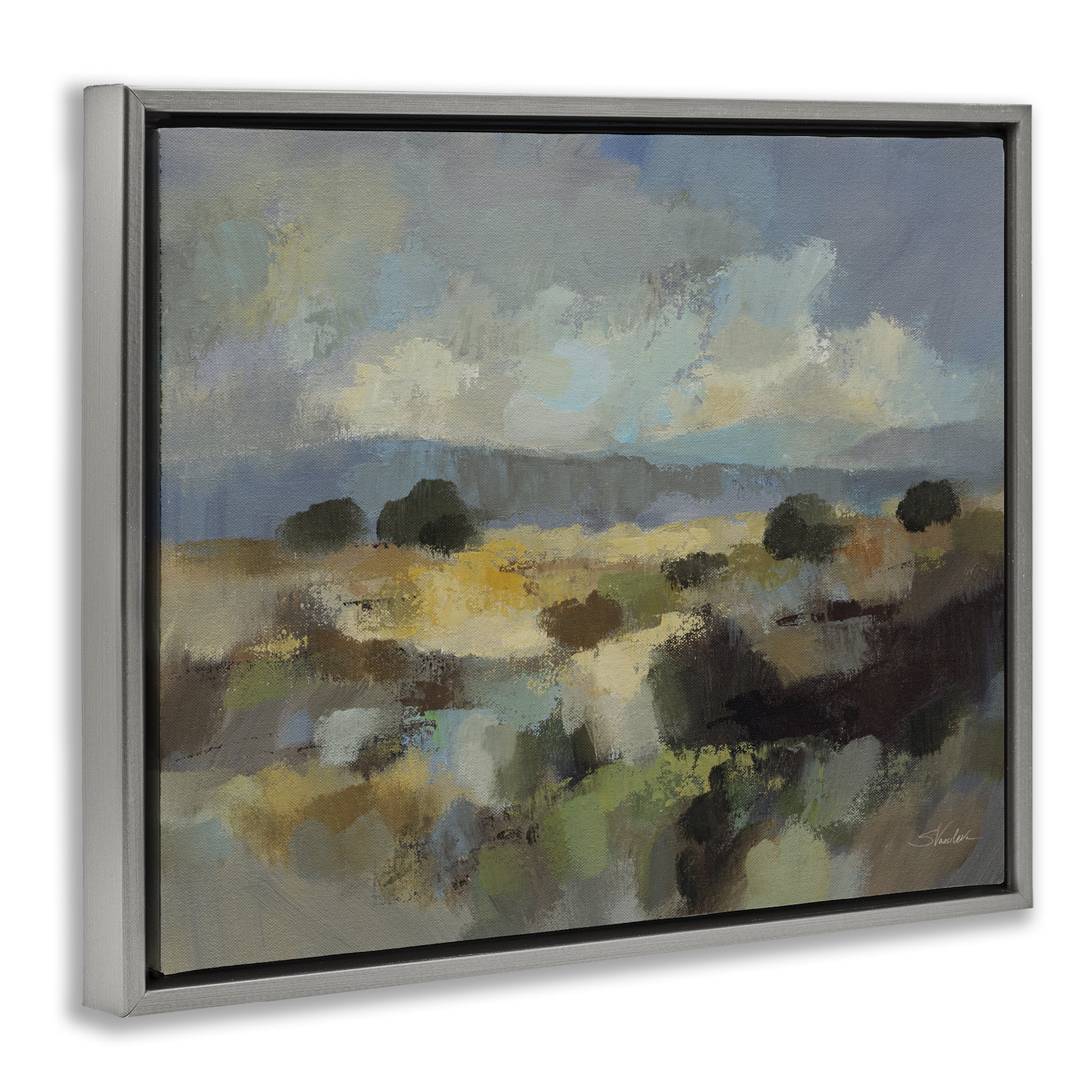 Stupell Industries Muted Blue Landscape with Clouds Gray Framed Floater Canvas Wall Art, design by Silvia Vassileva