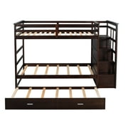 Harper & Bright Designs Twin Over Twin Bunk Bed with Trundle and Stairs, Wood Kids Bunk Beds with Storage Drawers and Guardrail for Teens Adults, Espresso