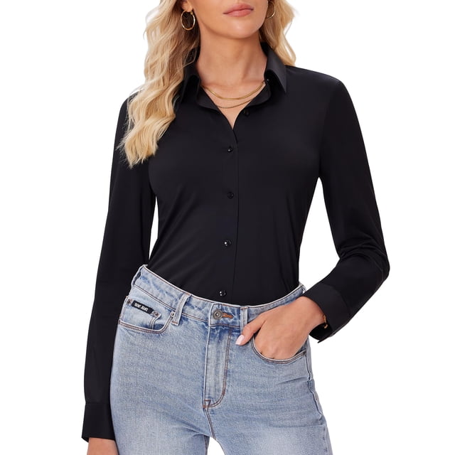Camisas con botones Siliteelon para mujer de manga larga, color negro