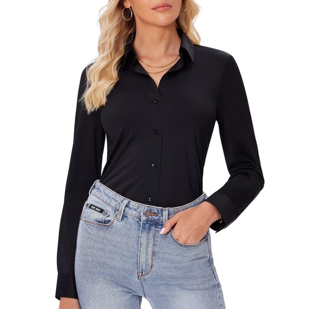 Camisas con botones Siliteelon para mujer de manga larga, color negro