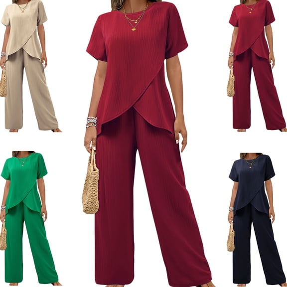 Gamivast 2 Piece Outfits for Women Elegant Asymmetric Hem Tunic Top & Wide Leg Pants Pleated Sets Crinkled Flowy Texture Summer Wedding Guest Travel Lounge Wear