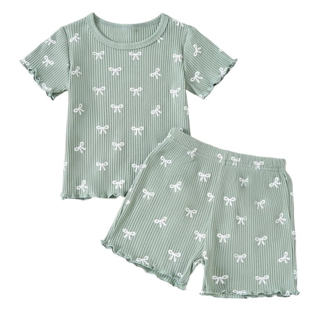 FINALGANG Girls Outfit Kids Bow Print Ribbed 2 Piece Set Short Sleeve Crewneck Top Elastic Waisted Stretch Shorts Outfit For Summer Casual Daily Wear
