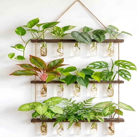 XIBUFE Glass Hanging Plant Propagation Station - 3-Tier Wall Planter with Hydroponic Tube Vases - Stylish Indoor Terrarium for Tiny Home Office Decor & Ideal Gift for Plant Lovers (Brown,Large)