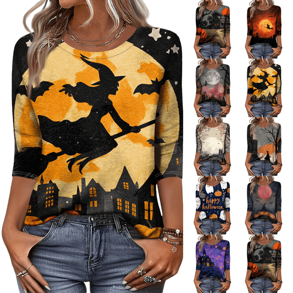 Halloween Shirts for Women Crew Neck Trendy Casual Tops Funny 3/4 Sleeve Halloween Graphic T Shirts Festival Yellow 4XL