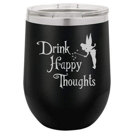 

12 oz Double Wall Vacuum Insulated Stainless Steel Stemless Wine Tumbler Glass Coffee Travel Mug With Lid Drink Happy Thoughts Fairy (Black)