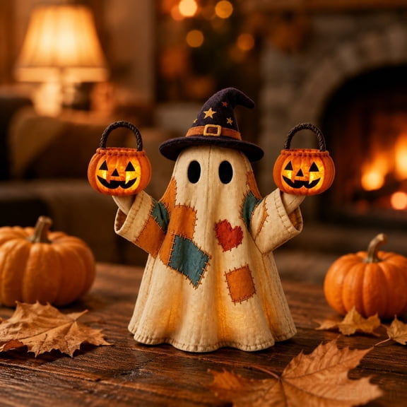 BingTong Lighted Vintage Patchwork Ghost,Halloween Vintage Quilt Style Ghost Figurine With Witch Hat & Pumpkin Bucket,Farmhouse Warm Light Tabletop Decor B-No Light