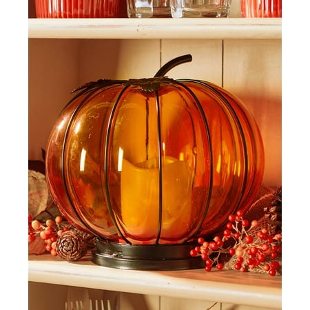 Lighted Glass Pumpkin Hurricane Lantern - - Walmart.com