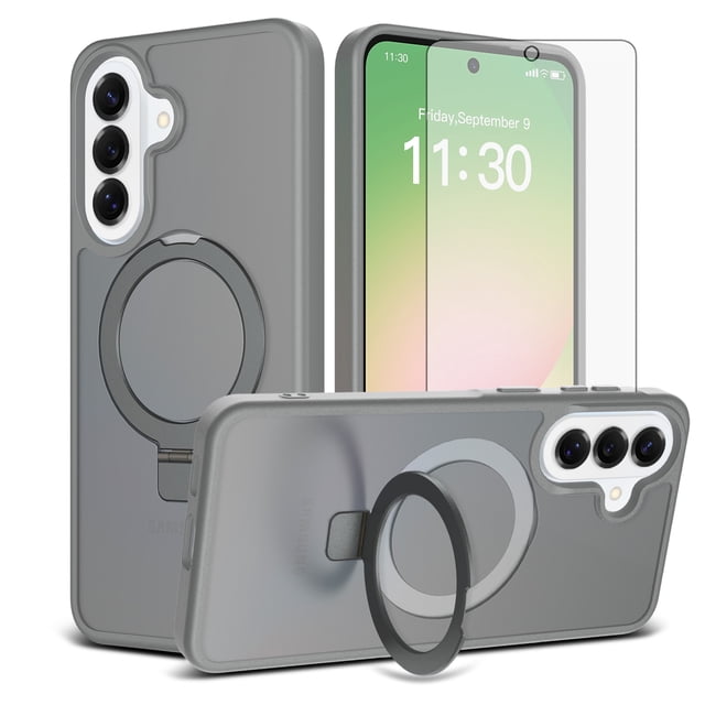 Asuwish Phone Case for Samsung Galaxy A57 5G Tempered Glass Screen Protector Magnetic Folding Stand Frosted Translucent Rugged Shockproof Protective Cell Cover A 57 57A LTE Women Men Grey