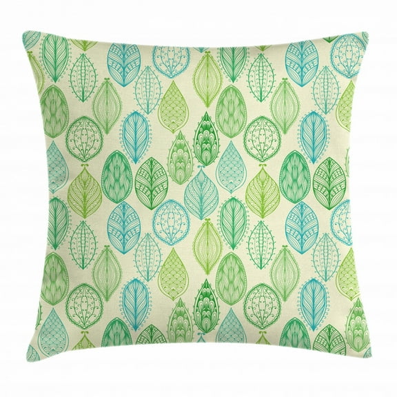 Nature Throw Pillow Cushion Cover, Hand Drawn Vintage Style Ornamental Leaves Forest Pattern in Green and Blue Tones, Decorative Square Accent Pillow Case, 24 X 24 Inches, Multicolor, by Ambesonne
