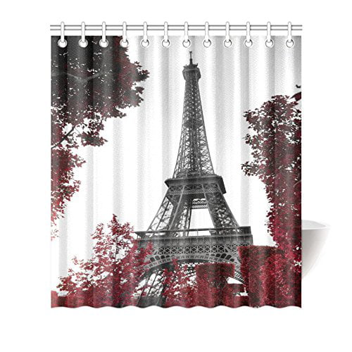 Custom Bathroom Shower Curtain, Red Eiffel Tower Shower Curtain Hooks