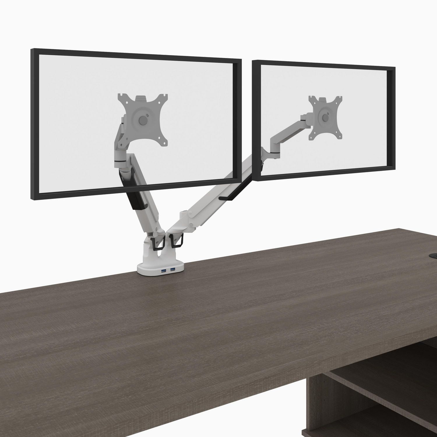Bestar Equinox 72W L-Shaped Desk with Monitor Arms in bark grey & white