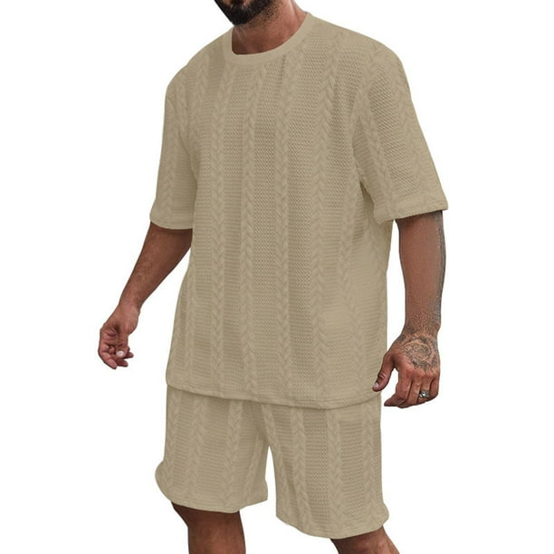 Men's Summer Knitted Solid Color Casual Short Sleeve T-Shirt Shorts Set S