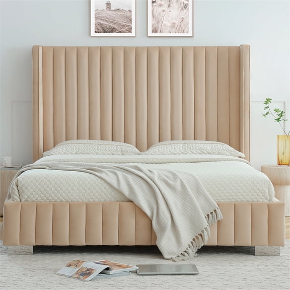 Jeffrey King Size Velvet Upholstered Bed Frame in Camel