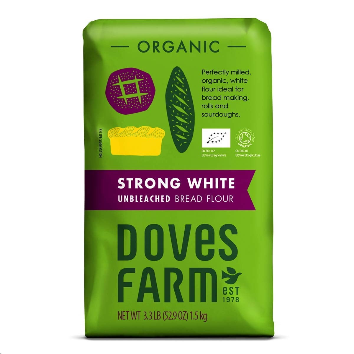 Doves Farm Organic Strong White Bread Flour 1.5kg (Pack of 5)