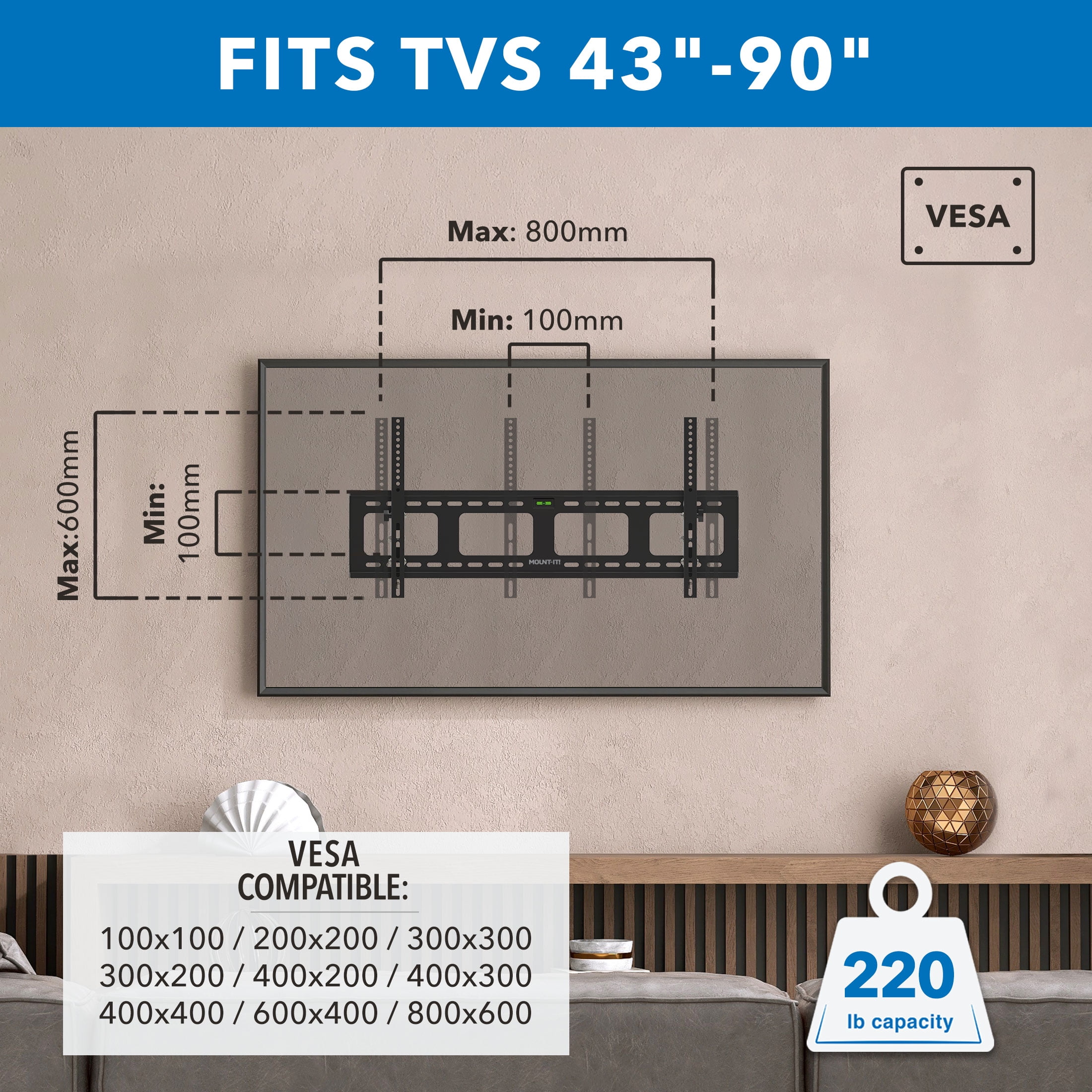 Mount-It! Heavy Duty Tilting TV Wall Mount, Fits 43" - 90" TVs,   Heavy Duty 220 lbs. Capacity