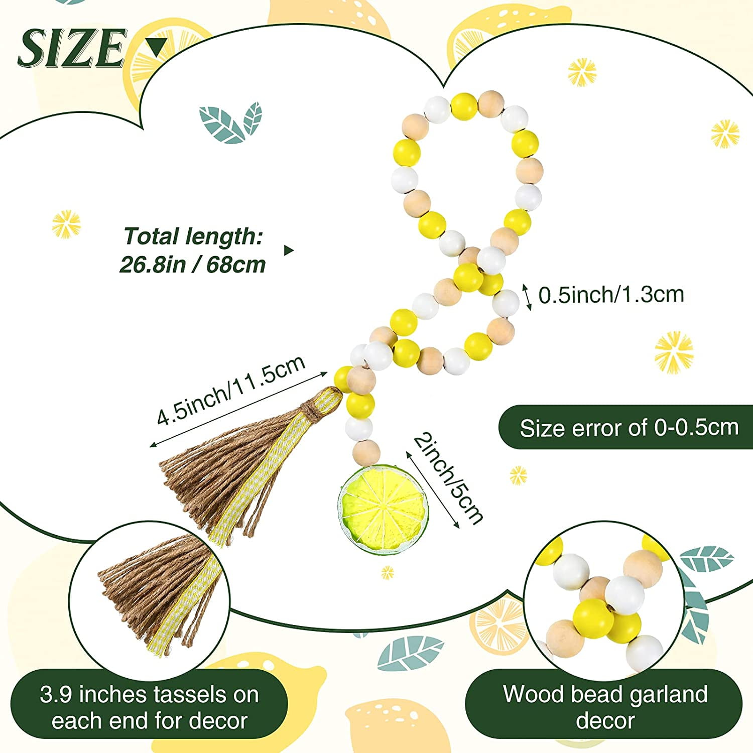2 Pieces Lemon Wood Bead Garland Wooden Beaded Hanging Tassel Summer  Farmhouse Wood Bead Garland with Yellow Lemon Slice (26.7 Inch/ 68 cm) -  Walmart.ca
