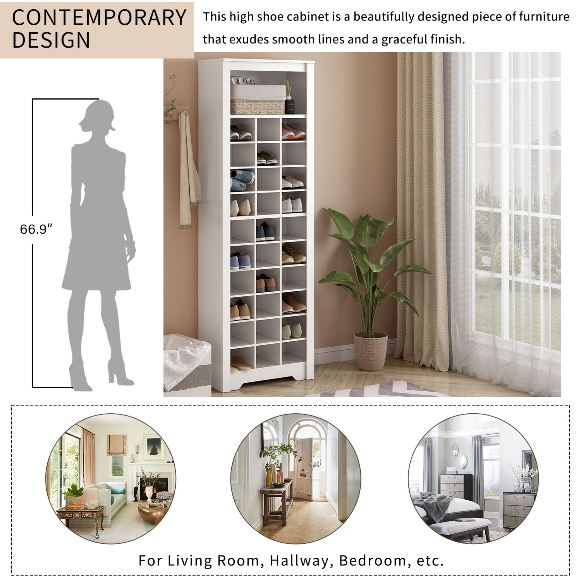 DEALTOPS Modern Freestanding Shoe Cabinet with 30 Square Shoe Compartments, Tall Stylish Shoe Rack with Large Storage Capacity for Entryway - White