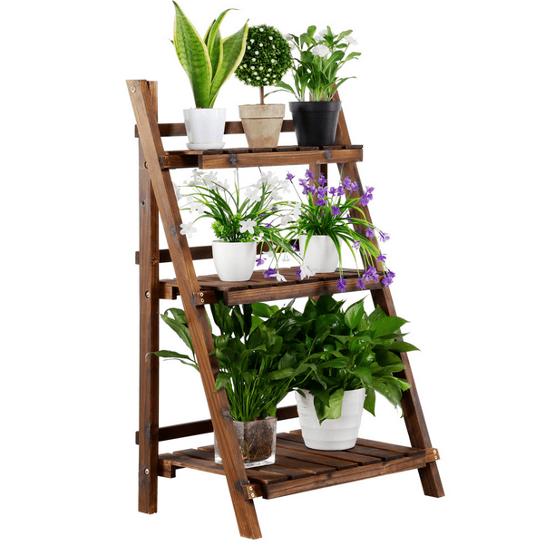 3-Tier Folding Wooden Ladder Shelving Flower and Plant Display Stand