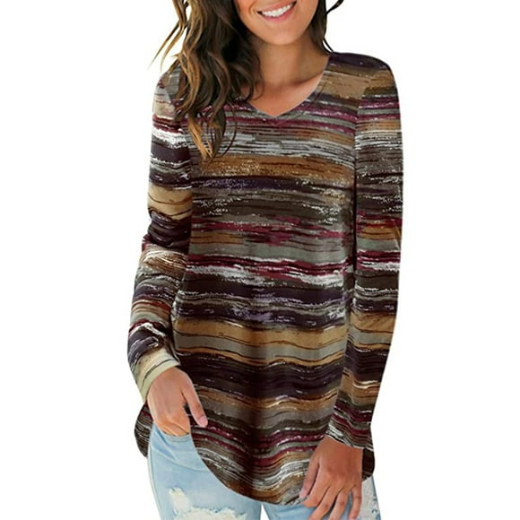 Femmes T-shirt Automne Imprimé V Femmes T-shirt Top Manches Longues Causal Chemisier, Marron, 3XL
