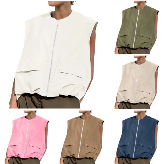 DuoJiaJ Womens Sleeveless Jacket, Crew Neck with Pocket Open Front Zip Blue L