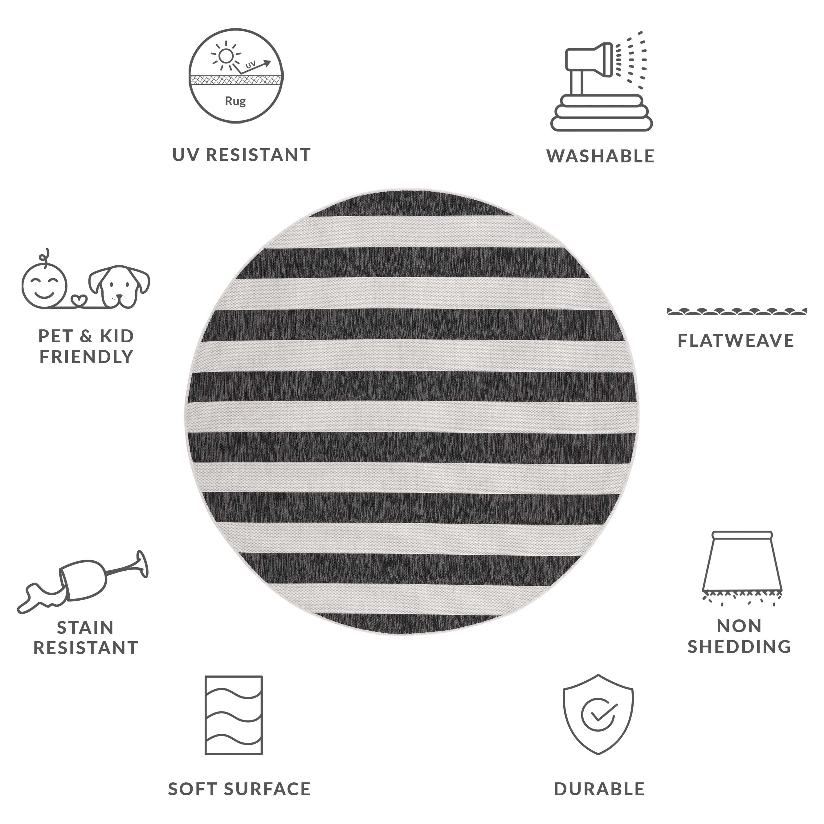 Safavieh Courtyard Earl Striped Indoor/Outdoor Area Rug, Ivory/Black, 5'3" x 5'3" Round