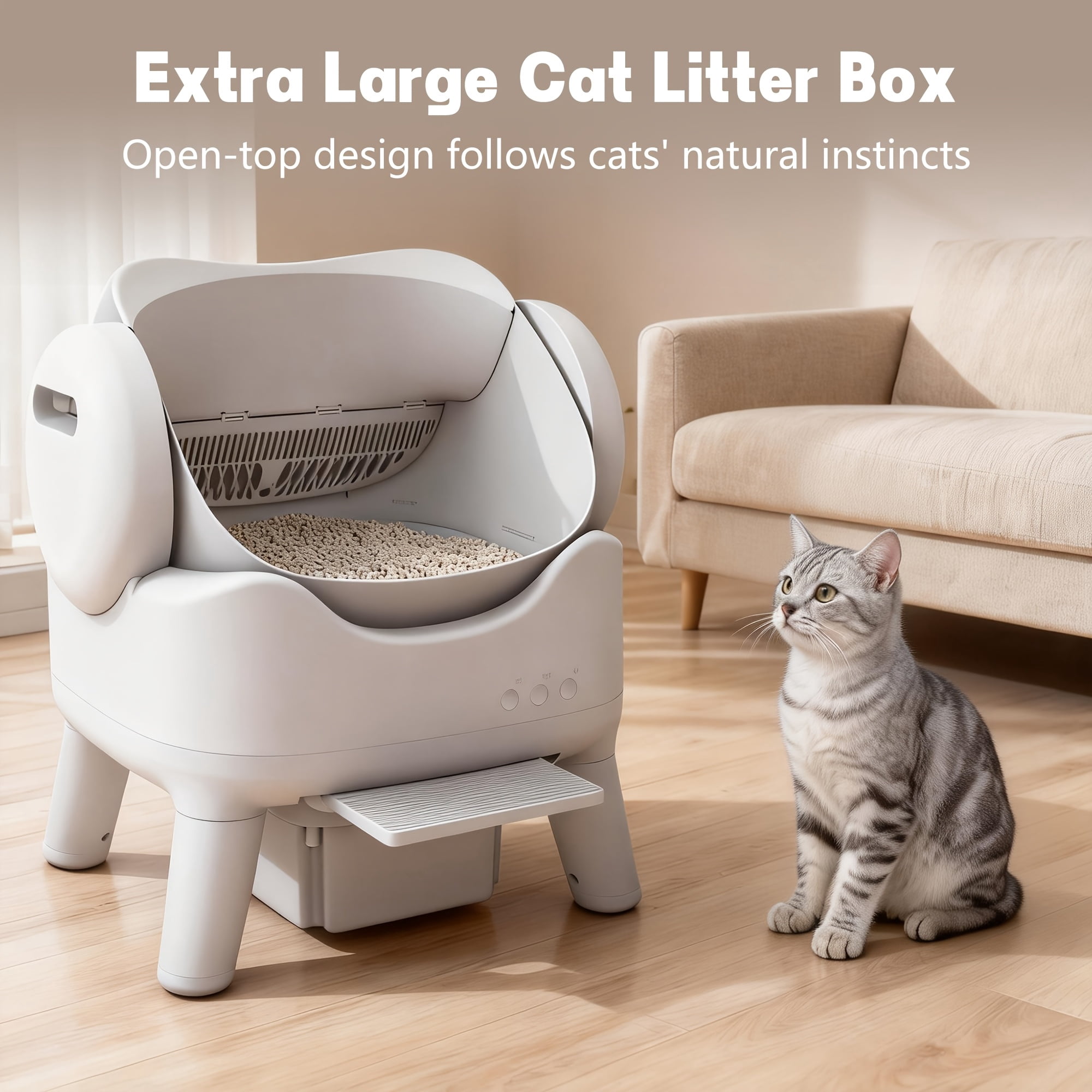 Self cleaning  Litter Box, Low Noise Automatic  Toilet, Spacious Open Design for All Cats, High Sides Anti-Splash, Odor CONTROL, 3.96gal Large Waste Drawer, Easy Clean, Battery-Free