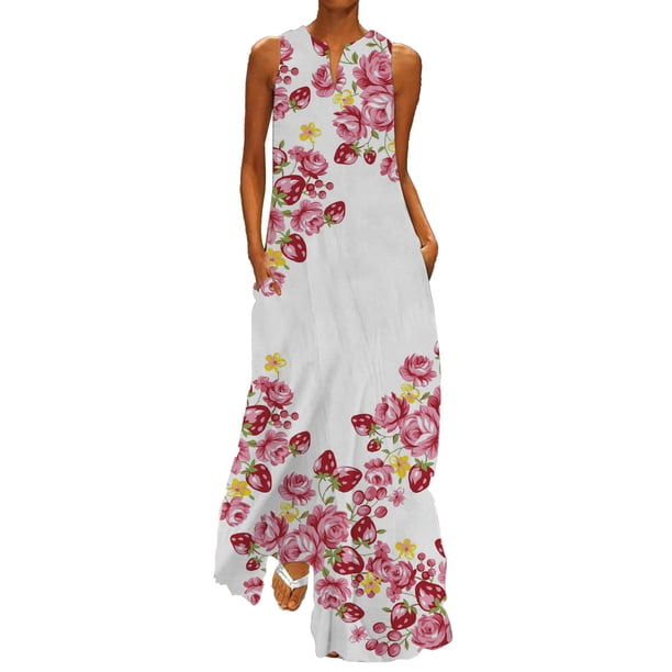 Gibobby Vestidos Casuales para Mujer Vestido maxi floral sin mangas con cuello en V de verano para mujer(Rojo,M)