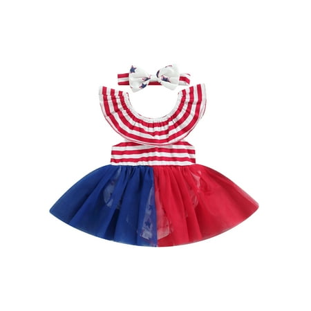 

TheFound 4th of July Baby Girl Romper Dress Striped Print Mesh Tulle Dress Toddler Casual Independent Day Outfits