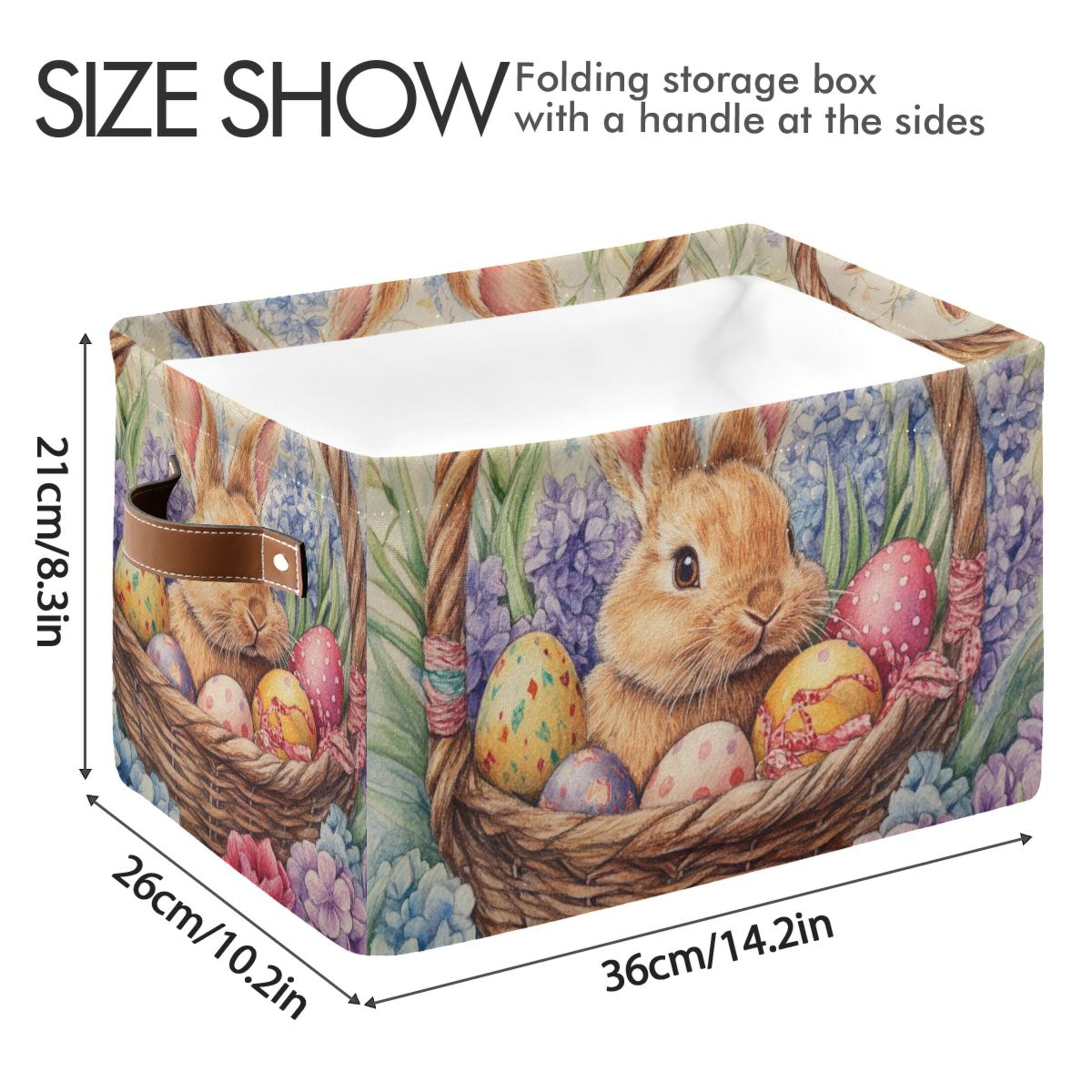 WOBOGO Easter Bunny Square Storage Basket with Waterproof Canvas and PE Lining Durable PU Leather Handles 14.2×10.2×8.3in