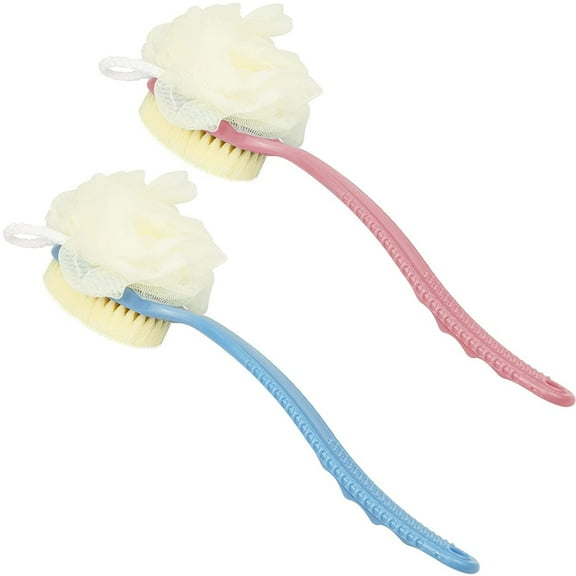 Wattne 2 Packs Shower Body Brush with Bristles and Loofah, Back Scrubber Mesh Sponge with Curved Long Handle for Skin Exfoliating Bath, Massage Bristles Suitable for Men and Women (1Blue 1Pink)
