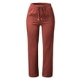 thumbnail image 2 of Hifoo Women Solid Color Straight Solid Color Pants Drawstring Linen Women Elastic Waist Long Cotton Casual Pants Trousers Breathable Slacks, 2 of 4