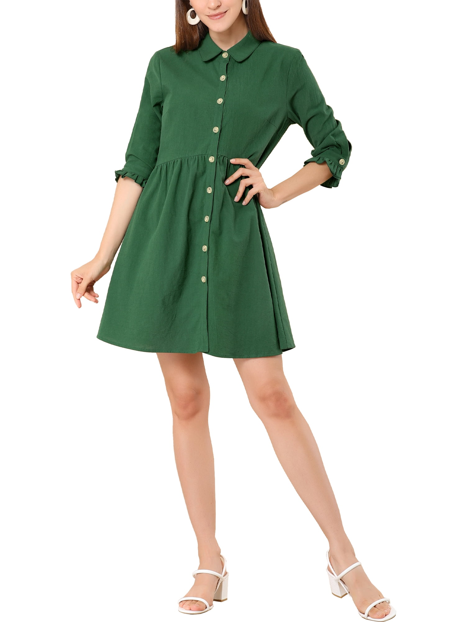DARING DIVA Elegant Collar Flare 3/4 Sleeve Button Mini Shirt Dress XL Dark Green